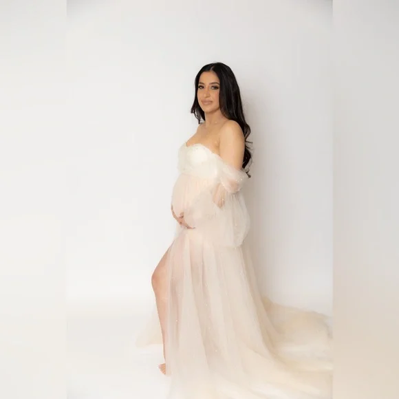 Dresses Custom Sheer Ivory Pearl Embellished Maternity Gown